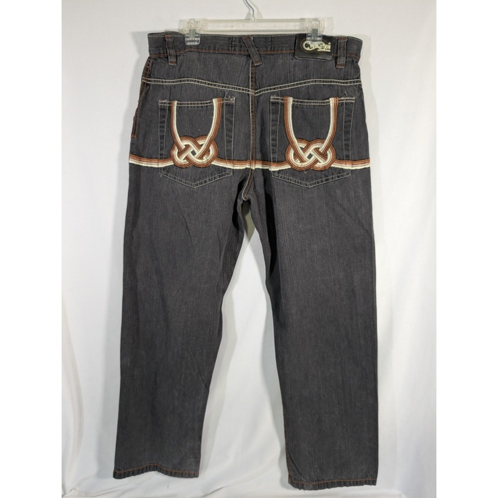 Vtg Y2K Evolution In Design Baggy Jeans 38x30 Skate Hip Hop Embroidered